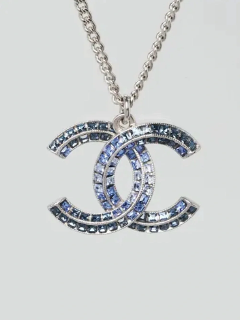 CHANEL Silver-Tone Double C Necklace with Blue Crystals